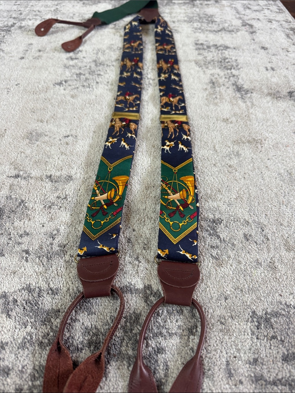 Ralph Lauren Polo Men's silk and Leather Suspenders - Fox hunt print